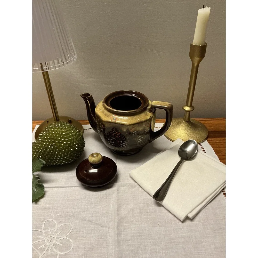Vintage Japanese Ceramic Teapot Brown Drip Glaze Hand Painted Floral Hexagonal